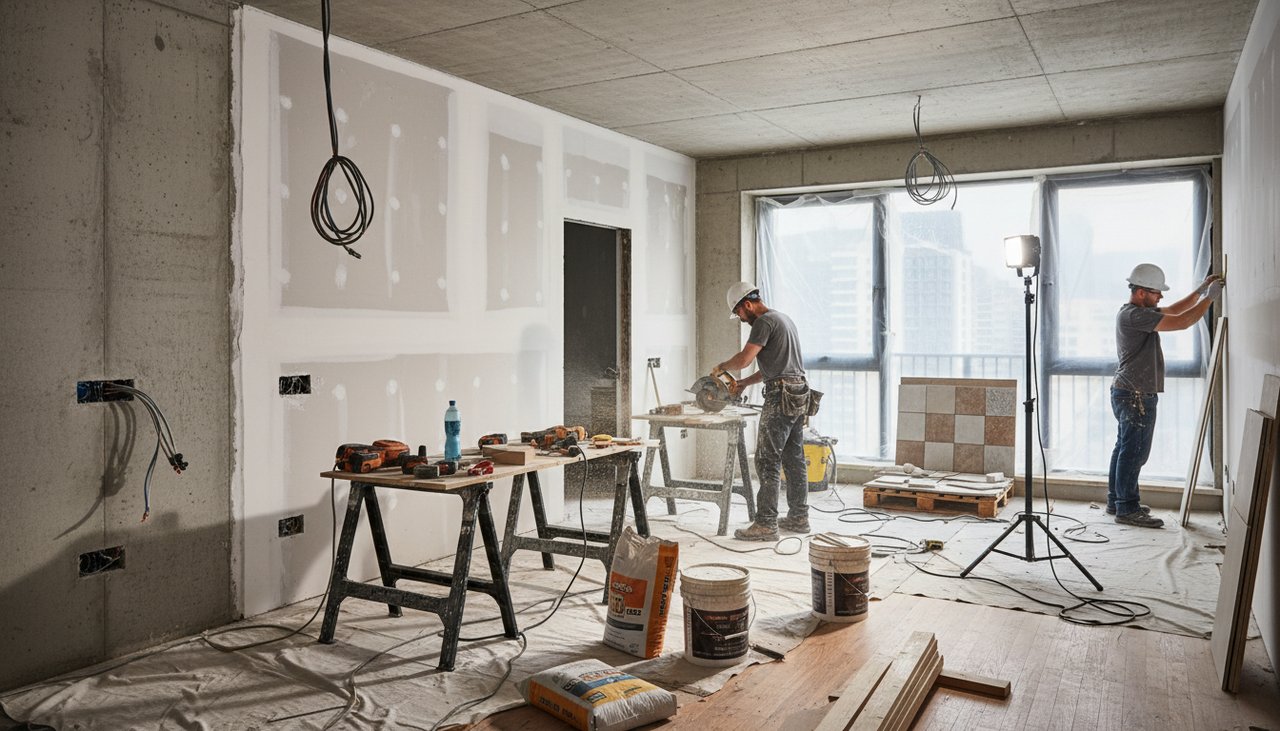 Vue intérieure d'un appartement en cours de rénovation avec ouvriers et matériaux