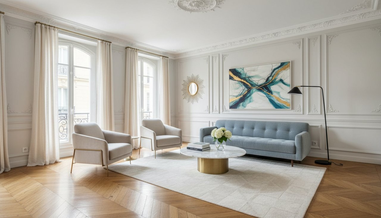Salon d'un T3 entièrement rénové avec parquet, peintures et cuisine ouverte modernes