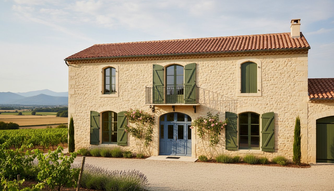 Maison ancienne en cours de rénovation totale dans l'Aude avec échafaudages et travaux