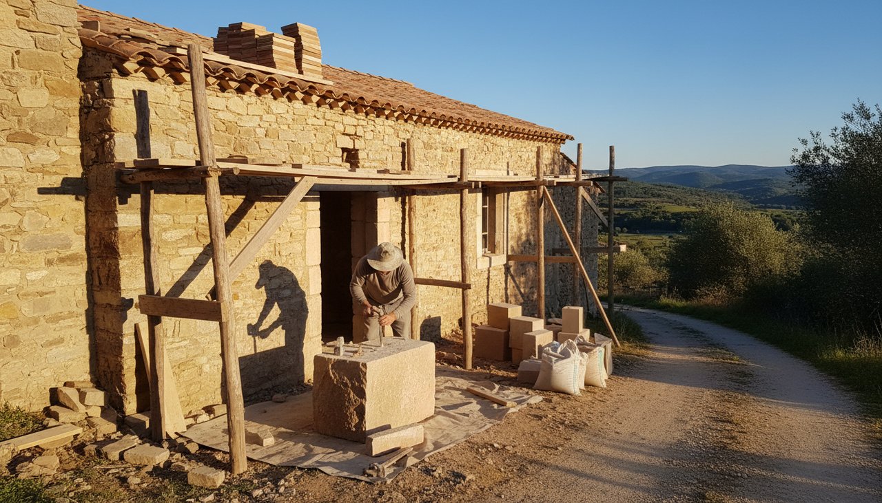 Maison ancienne en pierre du Languedoc Roussillon en cours de rénovation traditionnelle