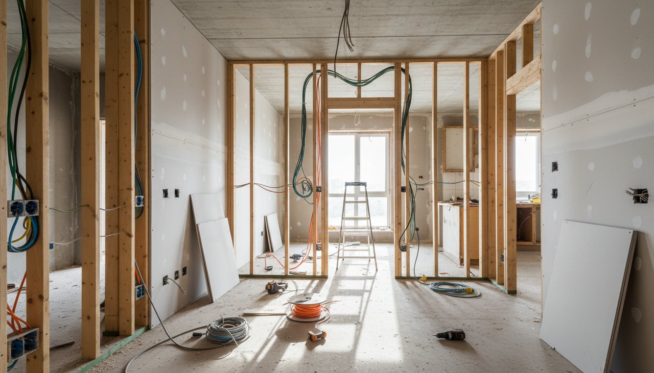 Chantier de renovation d un appartement avec cloisons en placo et reseau electrique a refaire