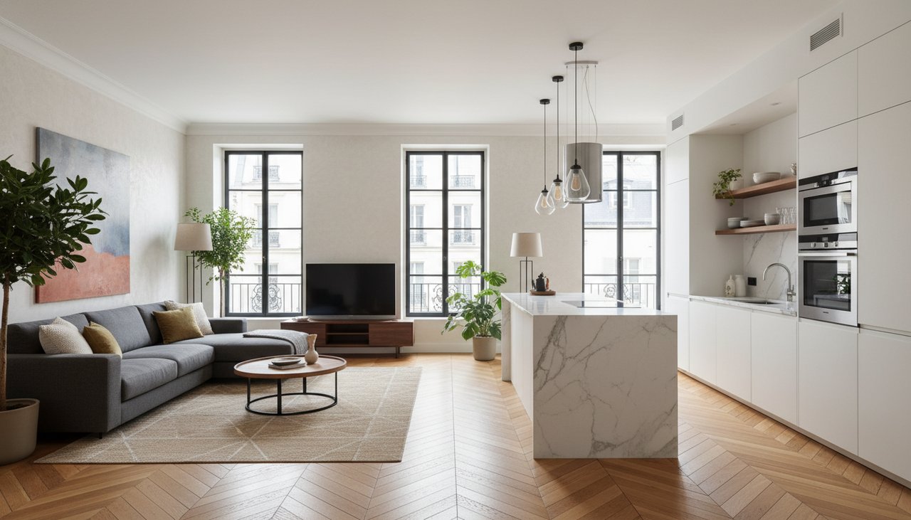 Cuisine et salon ouvert d un appartement renove a Narbonne avec parquet chene et meubles modernes