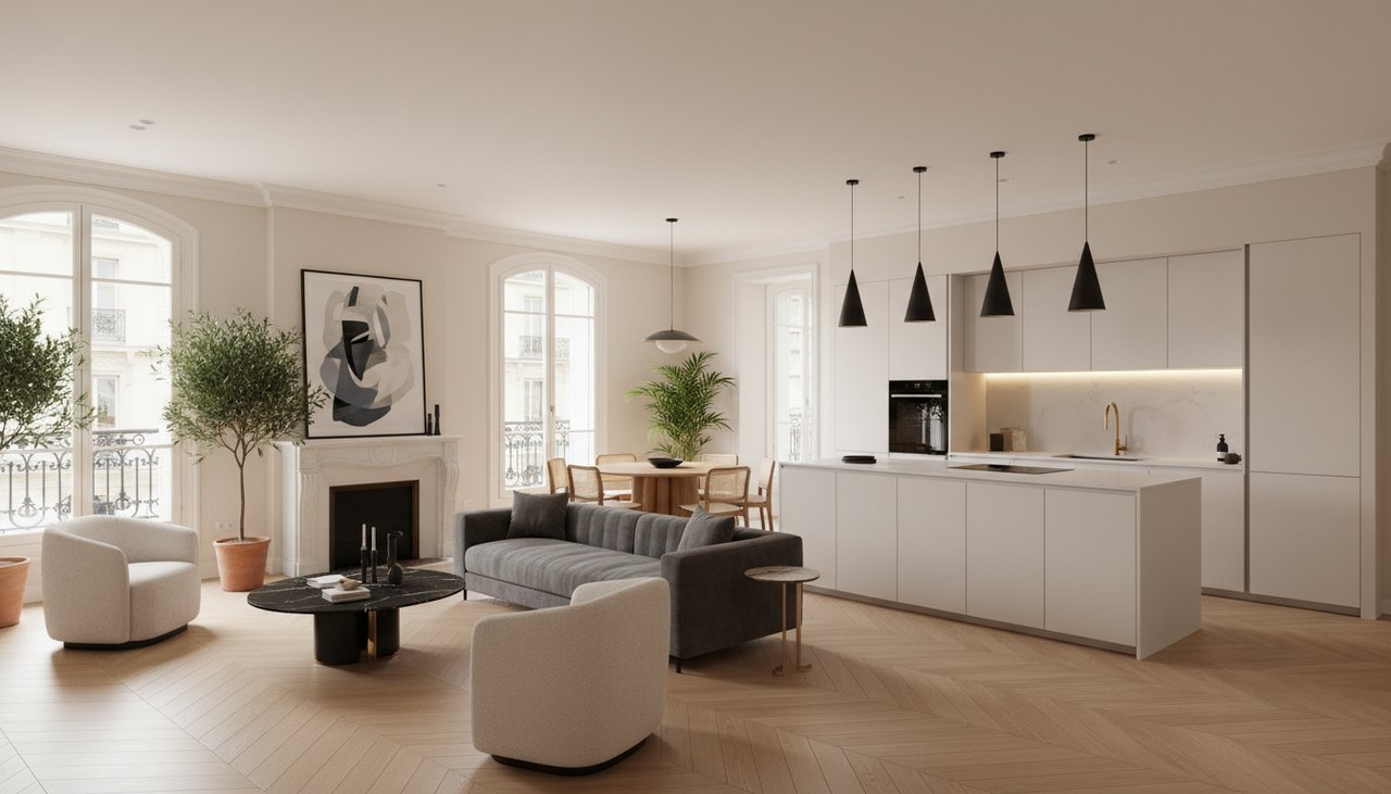 Renovation interieure complete d un appartement T3 a Carcassonne avec cuisine ouverte et parquet neuf