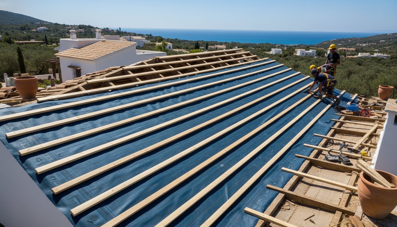 Charpente bois remise a neuf avec liteaux et ecran sous-toiture sur une maison du Languedoc
