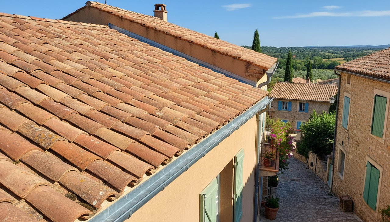 Toiture renovee en tuile canal avec gouttiere zinc et faitage neuf sur une maison de l Aude