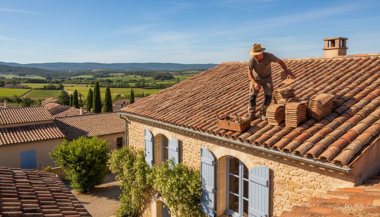 Couvreur travaillant sur une toiture en tuiles canal d une maison languedocienne dans l Aude