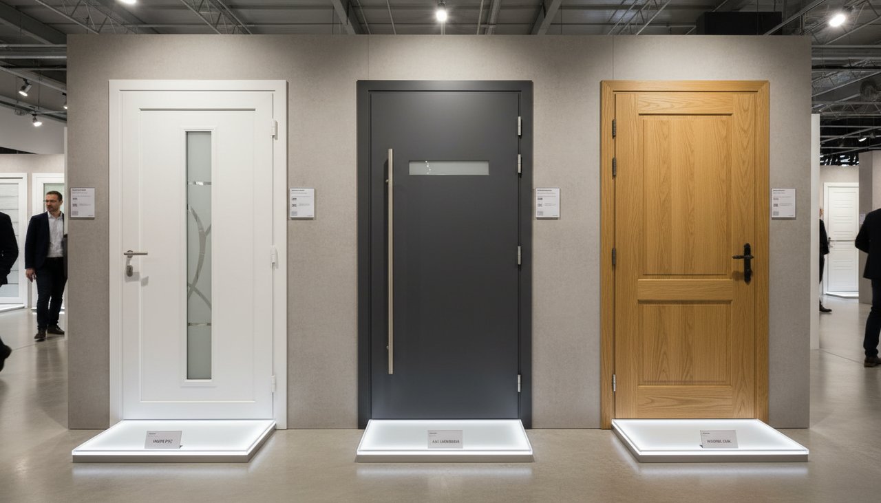 Comparatif visuel de portes d'entrée PVC blanche, aluminium grise anthracite et bois chêne dans un showroom