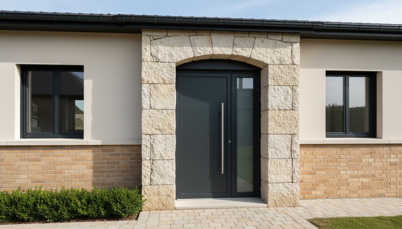 Porte d'entrée moderne en aluminium gris anthracite installée sur une maison contemporaine avec encadrement pierre