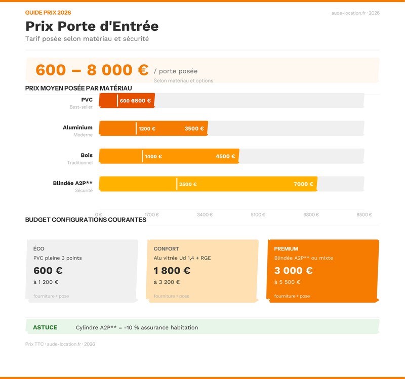 Infographie comparative des prix portes d'entrée par matériau PVC alu bois et blindée