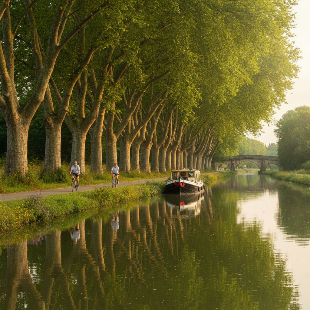 canal du Midi Lézignan-Corbières péniche platanes location vacances Aude été