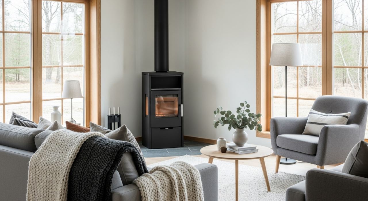 distance entre poele a bois et meuble dans un salon scandinave