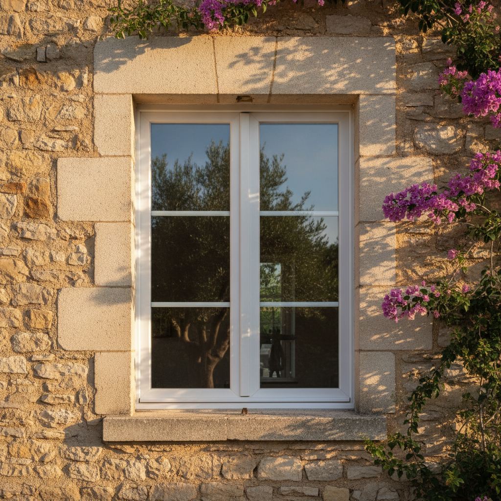 fenêtre PVC double vitrage neuve dans une maison de pierre du sud
