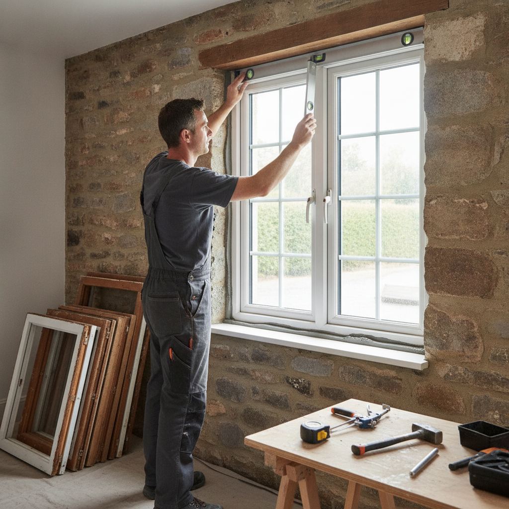 menuisier posant une fenêtre double vitrage en rénovation