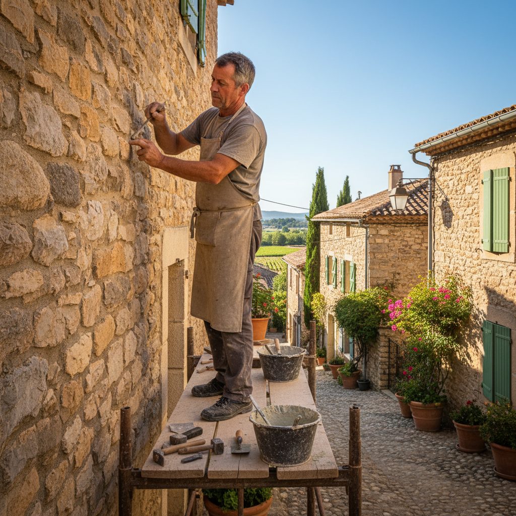 rénovation façade pierre village Aude artisan maçon