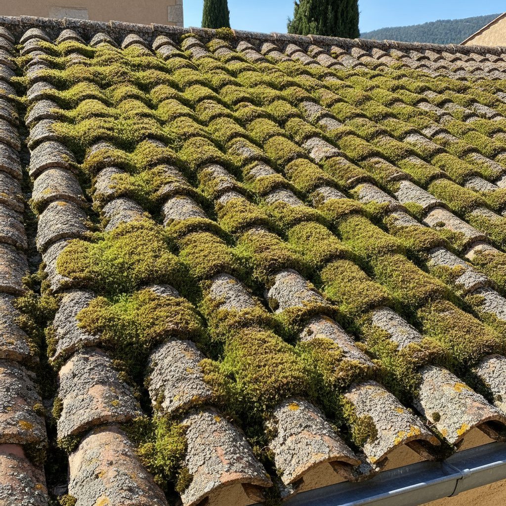 Toiture en tuiles avec mousse et lichens dans l'Aude avant démoussage