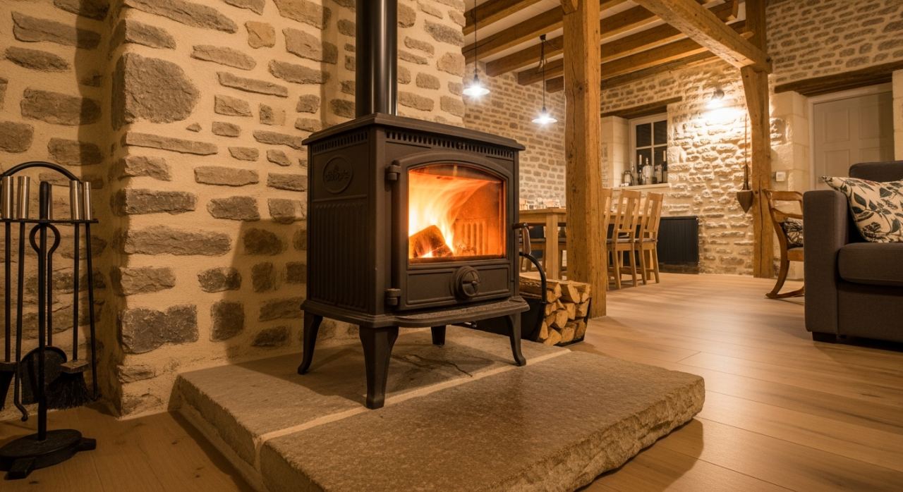 installation poele a bois sur plaque de protection au sol