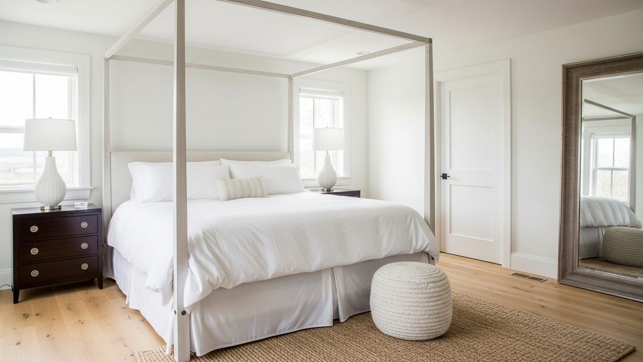 lit americain large et haut dans chambre lumineuse contemporaine