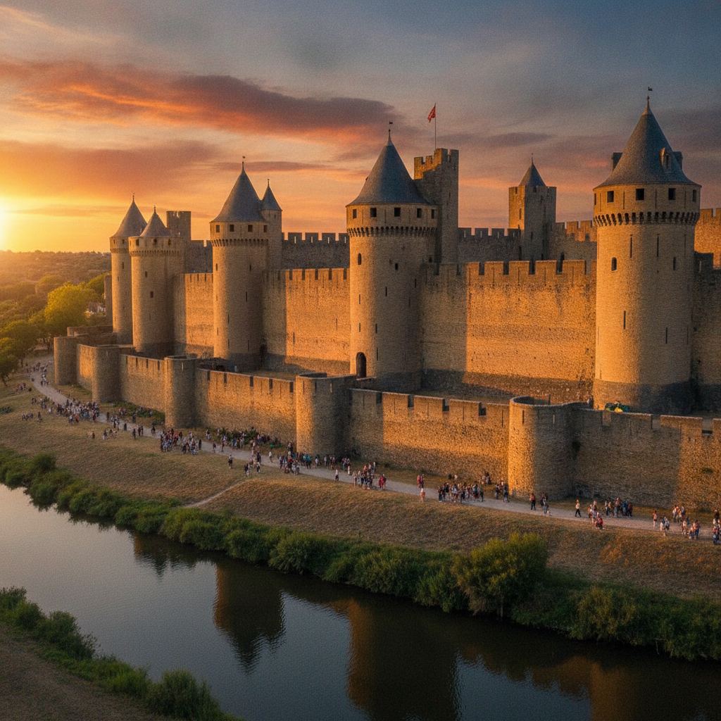 location vacances Carcassonne cité médiévale remparts illuminés coucher de soleil