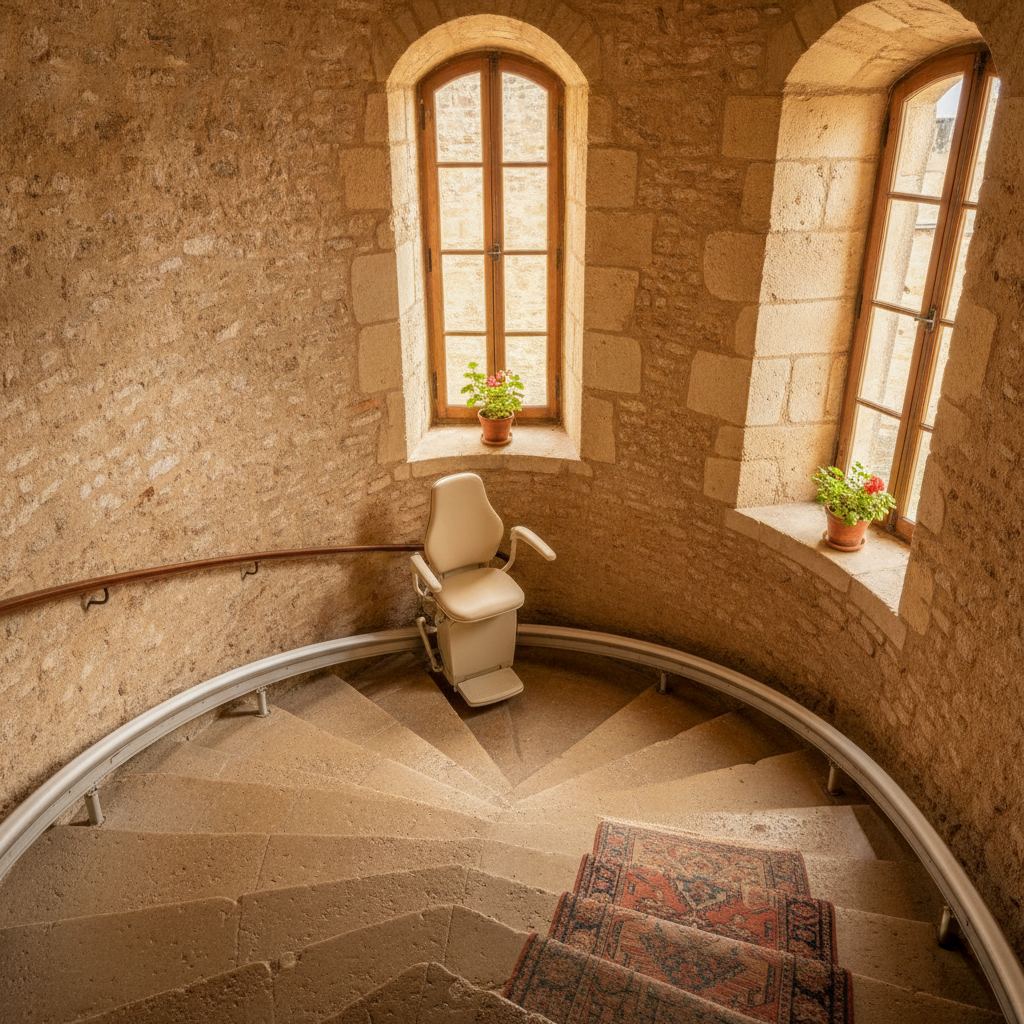 monte-escalier courbe sur escalier en pierre maison ancienne Carcassonne