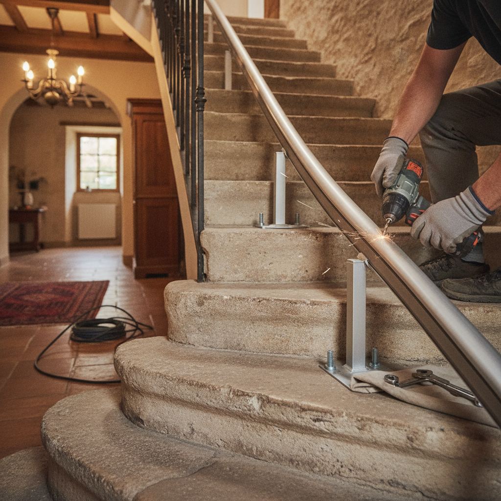 installation du rail d'un monte-escalier dans une maison française
