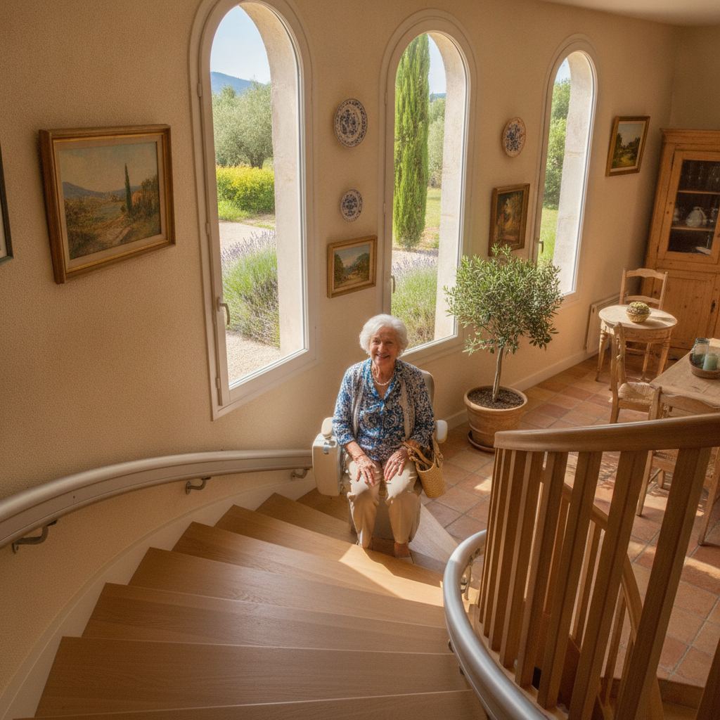 senior sur monte-escalier droit dans maison du sud de la France