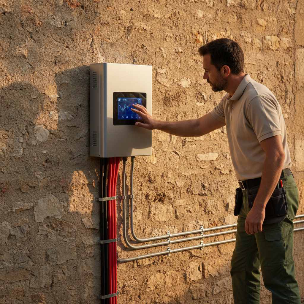 Onduleur photovoltaique installe sur un mur en pierre dans l'Aude