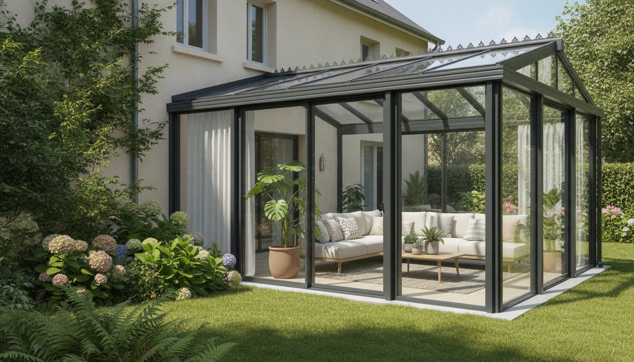 Véranda aluminium de 20 m² avec toiture en verre accolée à une maison