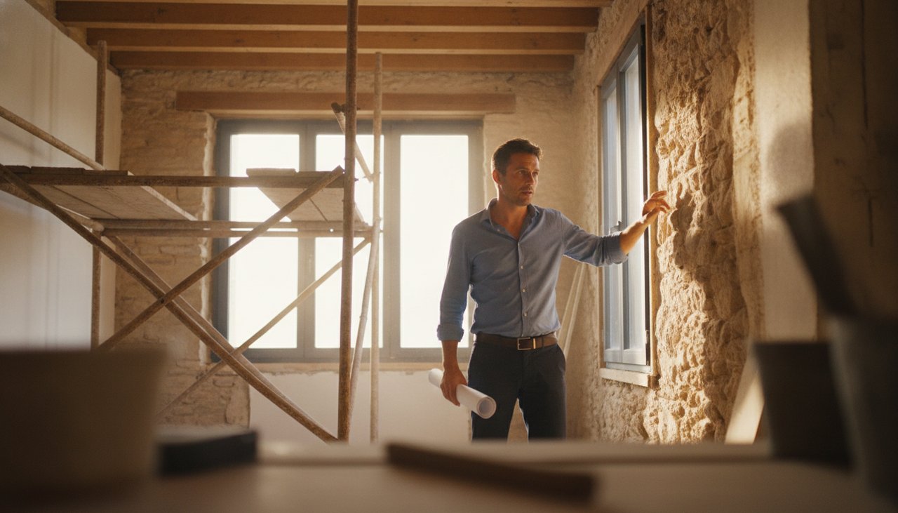 Architecte en visite sur un chantier de rénovation de maison ancienne avec plans à la main