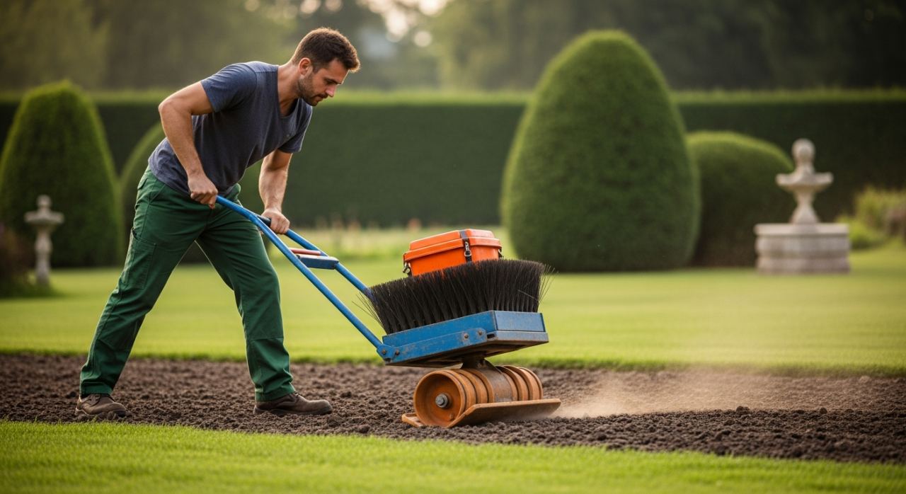 Tasser la terre jardin avec une brouette chargee alternative rouleau gazon
