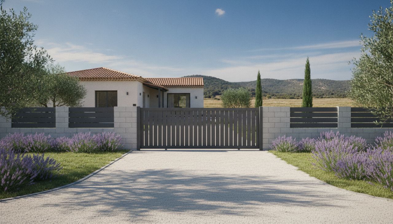 Portail coulissant aluminium gris anthracite de 3m50 fermant l'entrée d'une villa dans la plaine de l'Aude sous un ciel dégagé
