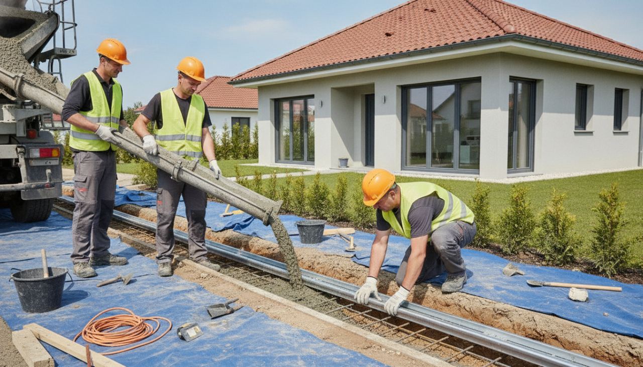 Coulage d'une longrine béton et scellement du rail au sol pour la pose d'un portail coulissant devant une maison individuelle