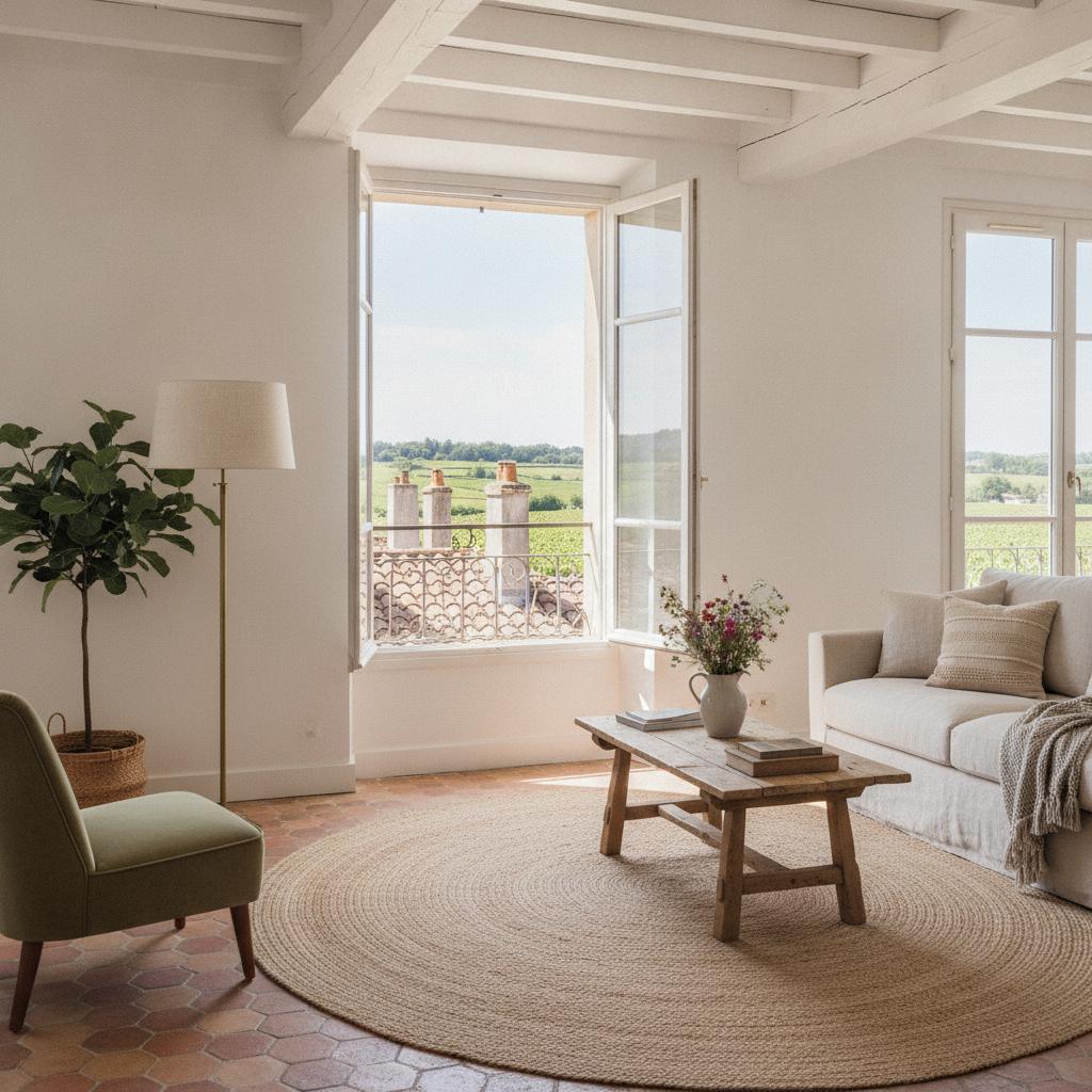 Salon lumineux d'un appartement rénové en location à Lézignan-Corbières